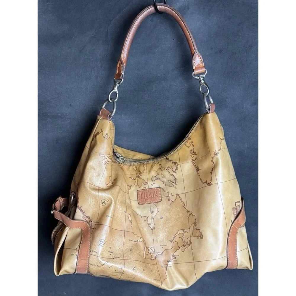 Alviero Martini 1a Classe Map Print Leather Shoulder Bag Hobo Vintage Travel